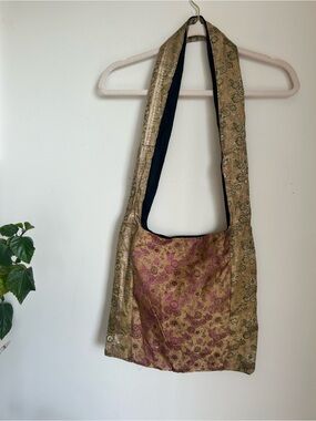 Silk Floral Crossbody Bag in Gold and Pink